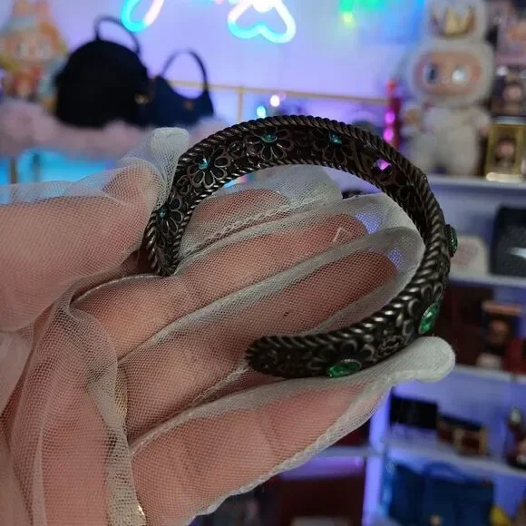 GUCCI Crystal Floral G Bangle 925 Silver Bracelet Green - Picture 6 of 14